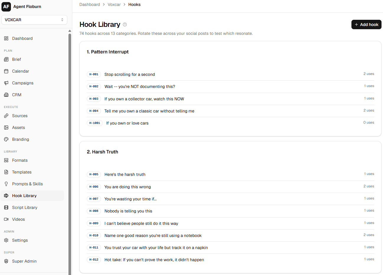 Agent Floburn hook library, with 74 hooks organized across 13 categories such as Pattern Interrupt and Harsh Truth.