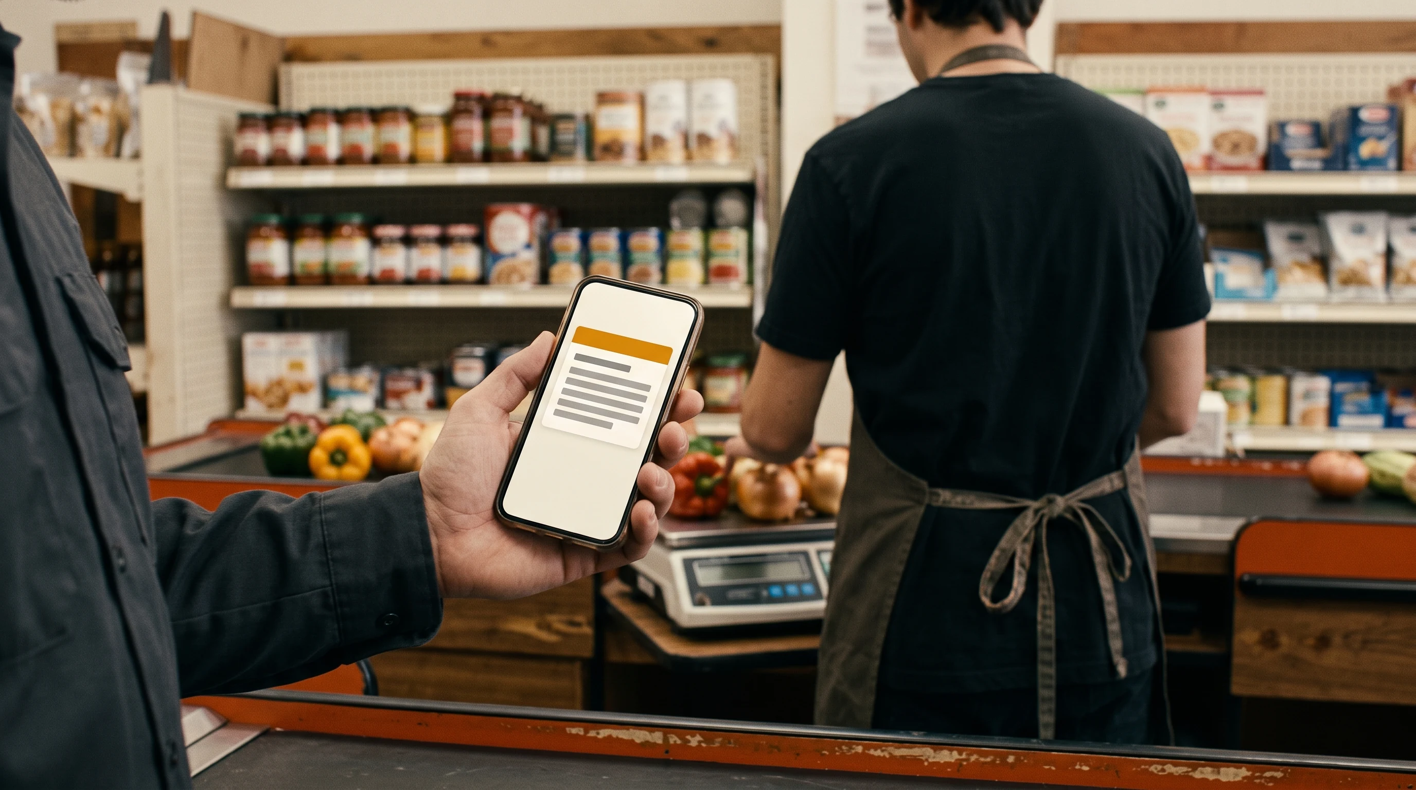 A manager's hand in the foreground of a small grocery checkstand holds a phone while the checker, back to the camera, works loose produce at the lane beside a counter scale.