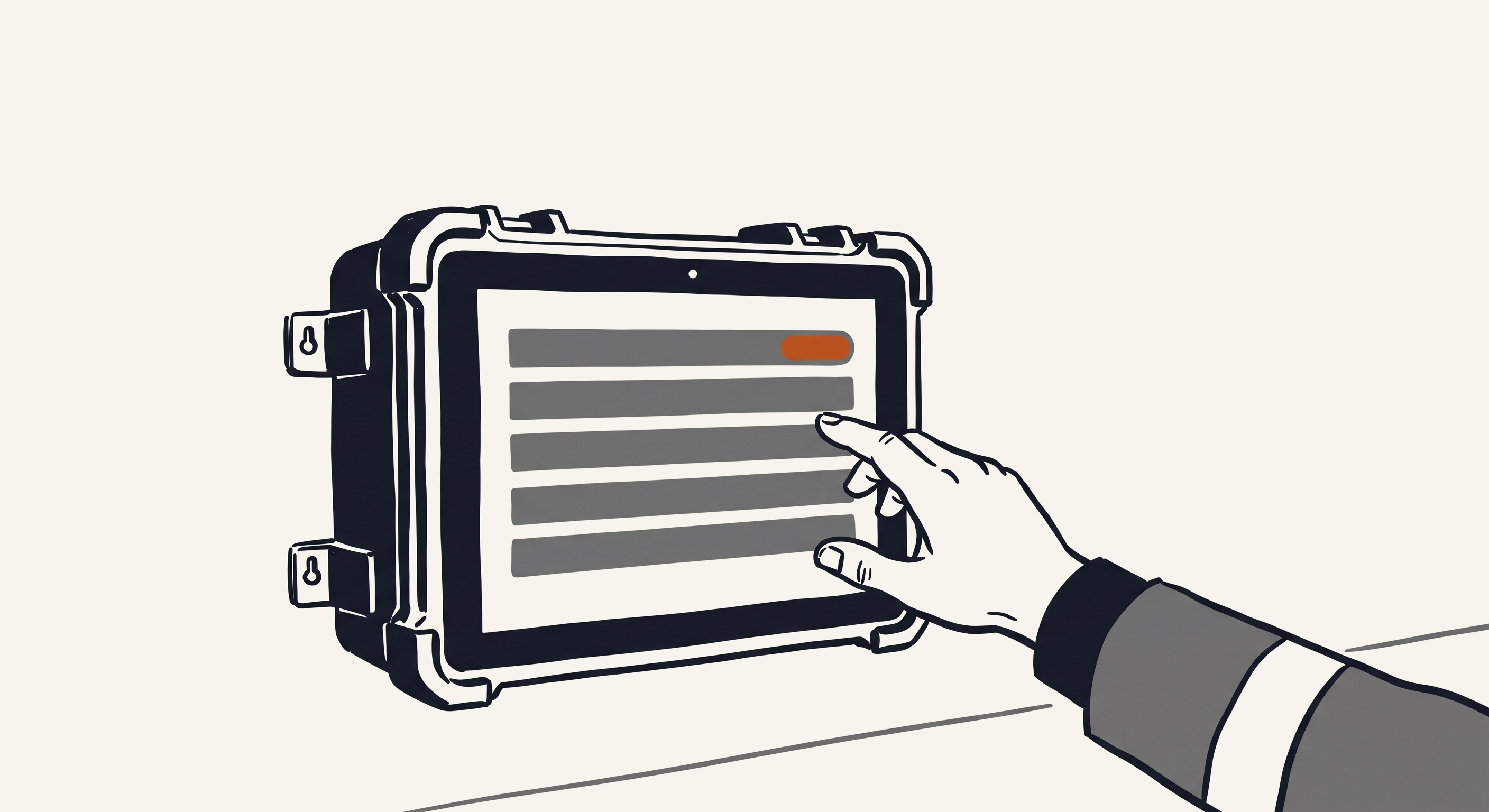 Ink-line illustration of a worker's hand tapping a ruggedized wall-mounted kiosk tablet on a jobsite; the screen shows an attestation checklist as placeholder lines, with one status highlighted in amber.