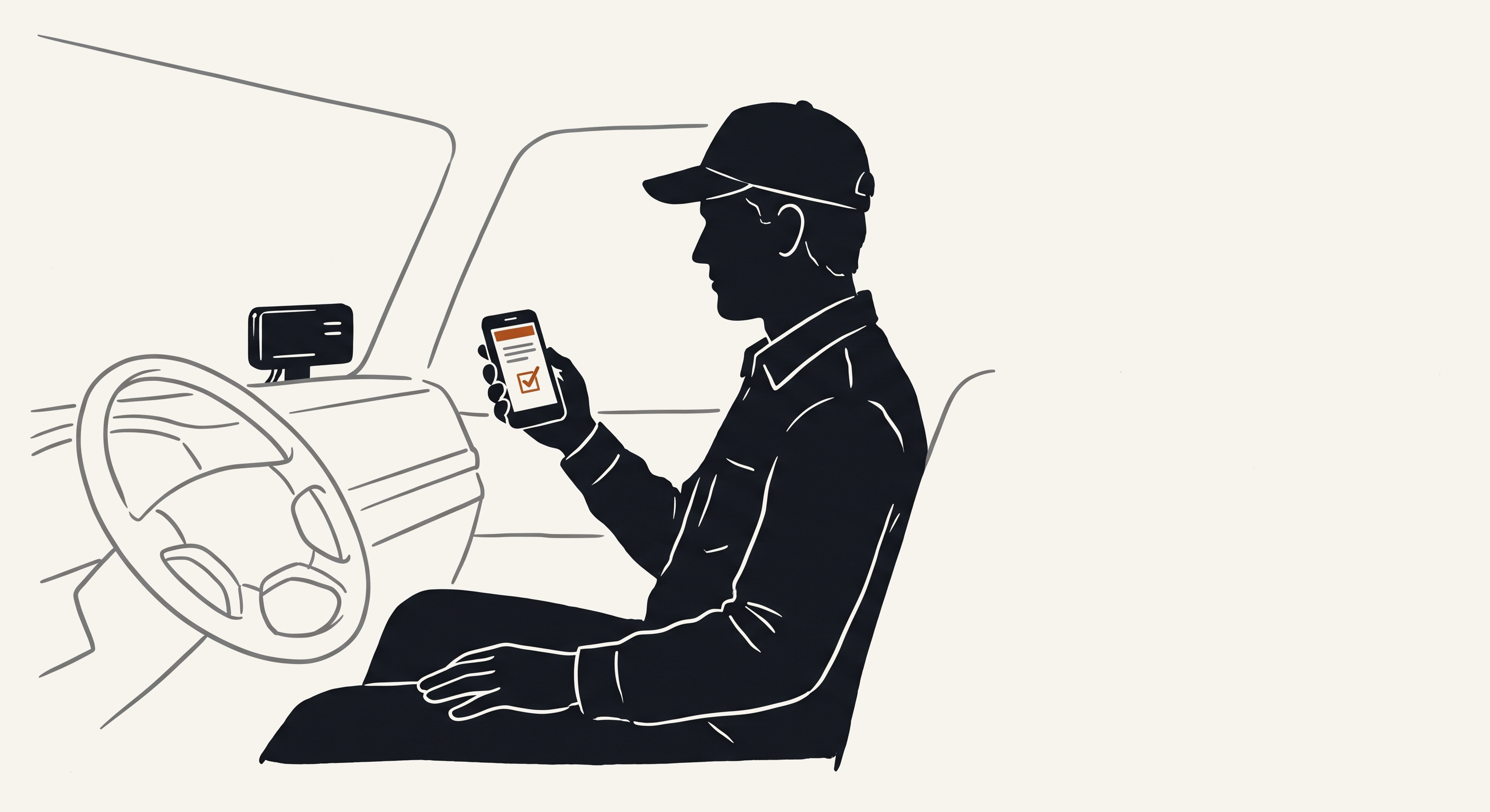 Ink-line illustration of a driver seated in a parked truck cab, hands away from the wheel, reviewing a phone that shows a confirmed attestation highlighted in amber; a telematics unit is mounted on the dash.