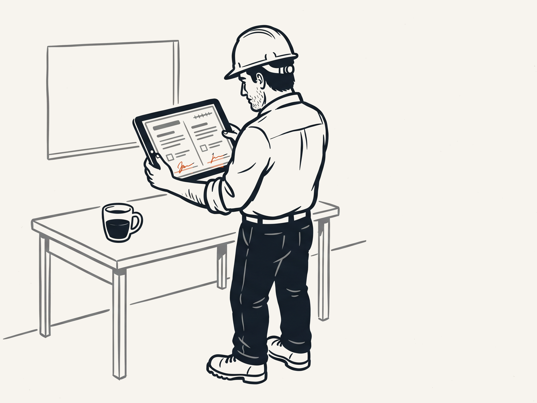 Ink-line illustration of a foreman in a hard hat standing in a site trailer, reviewing a tablet showing a two-column bilingual attestation form with two signature marks highlighted in amber; a coffee mug sits on the table beside him.