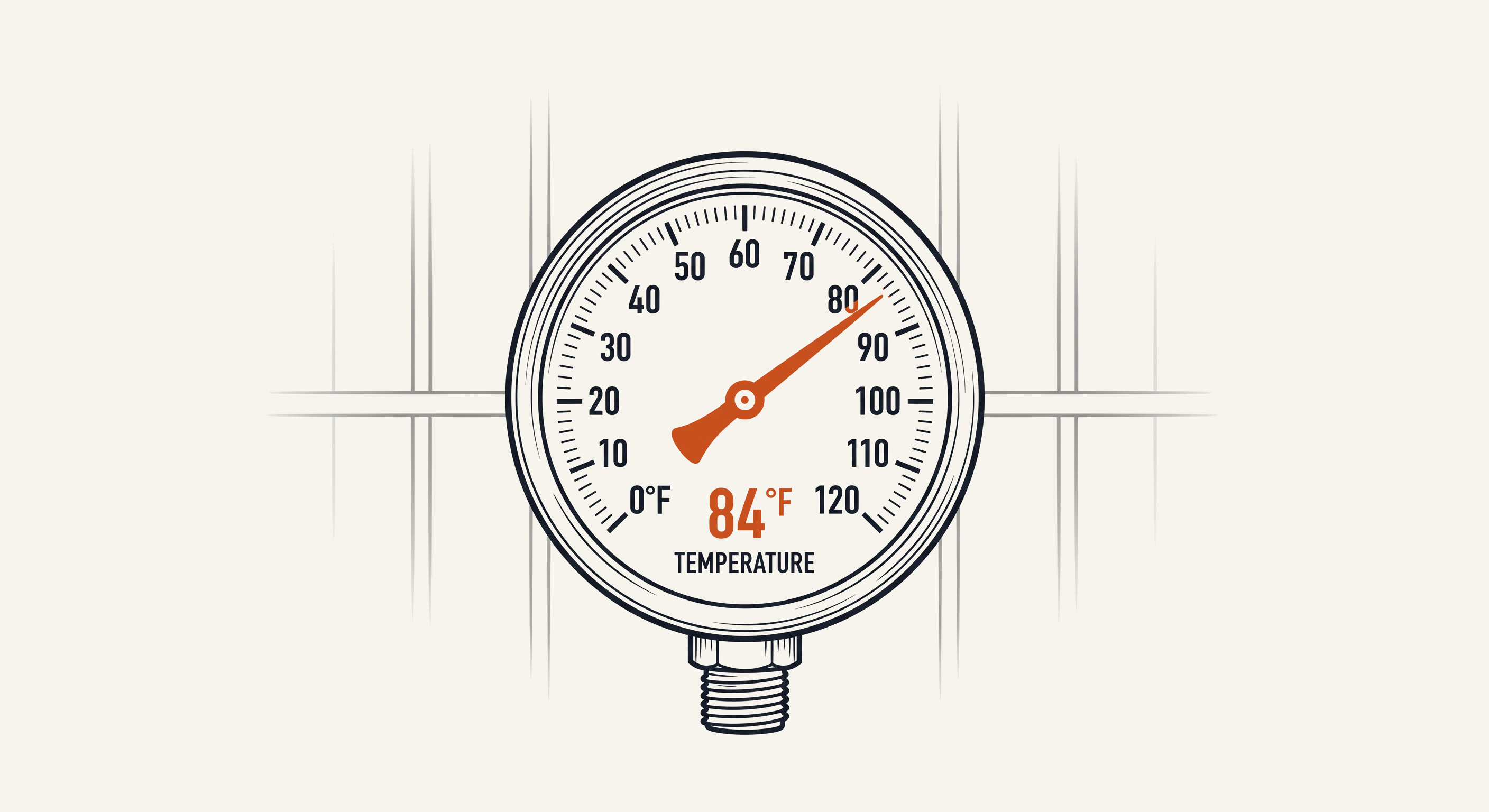 Illustrated industrial thermometer reading 84 degrees Fahrenheit — past the indoor-heat standard's 82-degree trigger