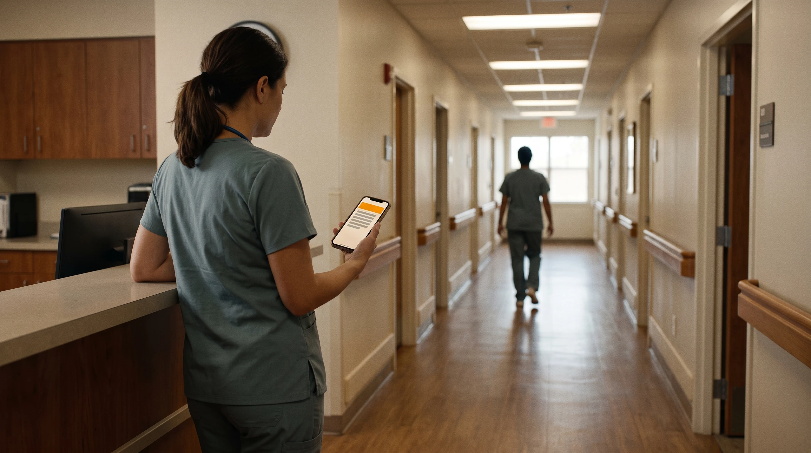 Photograph of a charge nurse in scrubs at a senior-living nurses' station, face averted, checking a phone while a second caregiver heads down the empty handrailed corridor behind her.