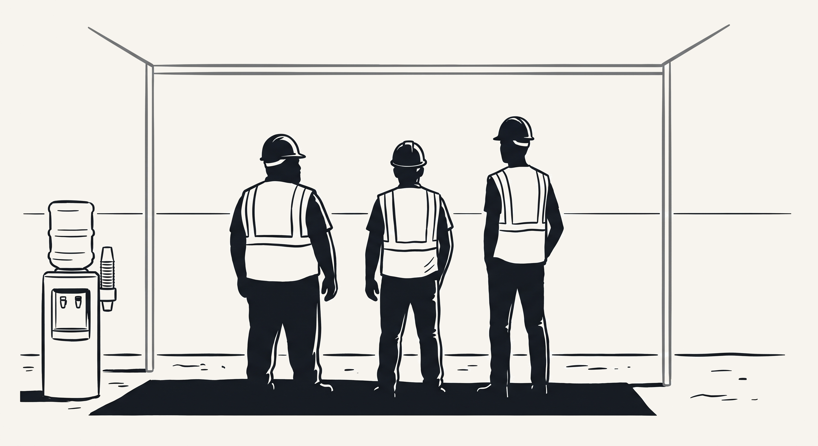 Ink-line illustration of three construction workers seen from behind, resting under a mesh shade canopy beside a water cooler on a jobsite.